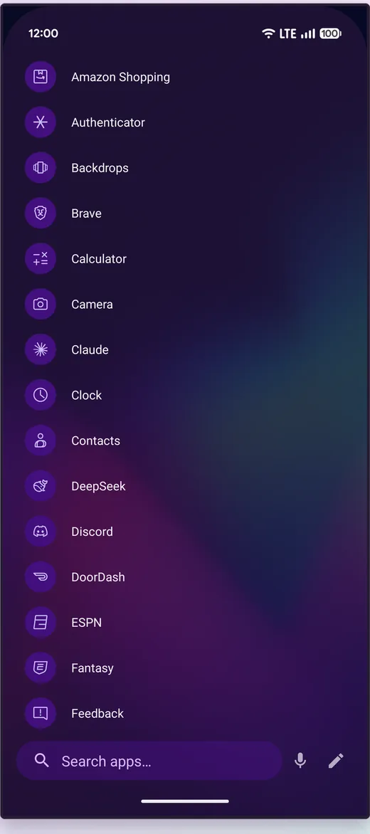 Meridian's app drawer as an alphabetical list with app icons, and a search bar at the bottom of the screen with microphone and handwriting buttons.