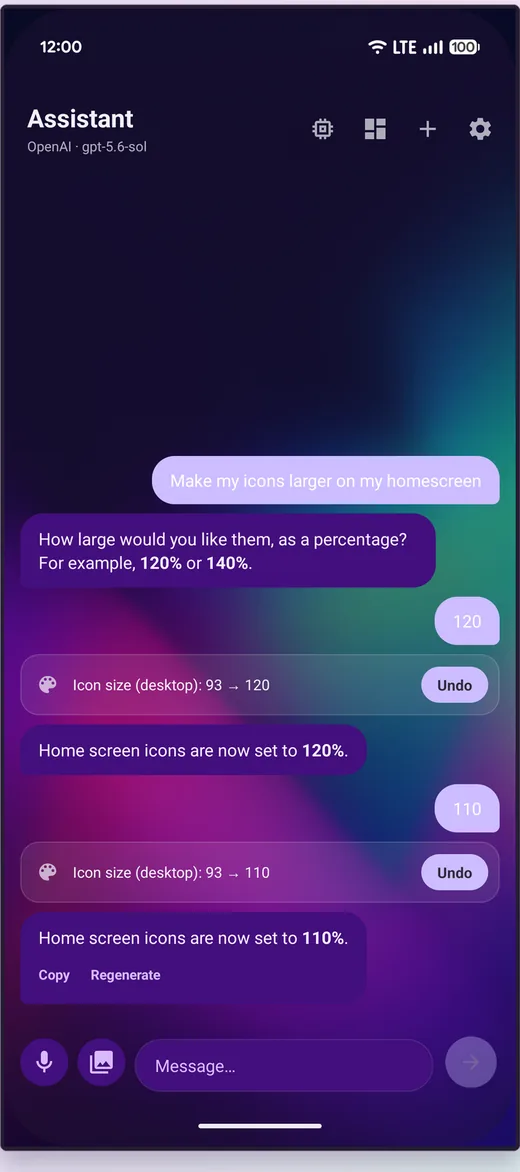 Meridian's assistant after the request 'Make my icons larger on my homescreen': it asks for a percentage, then shows a row reading 'Icon size (desktop): 93 to 120' with an Undo button beside it, and again at 110 after a second request.