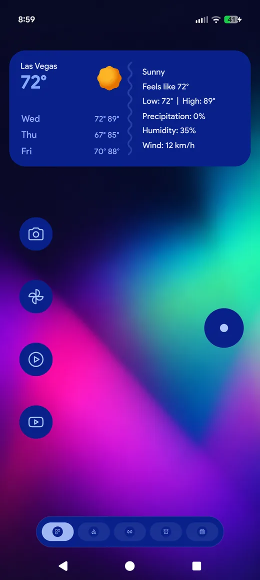 A Meridian home screen with the Orbit widget sitting closed as a single circle on the right-hand side, beside a weather card and a column of app icons.