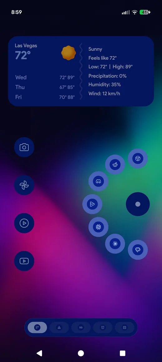 The same home screen with Orbit open: eight app icons fanned out in a ring around the centre circle.