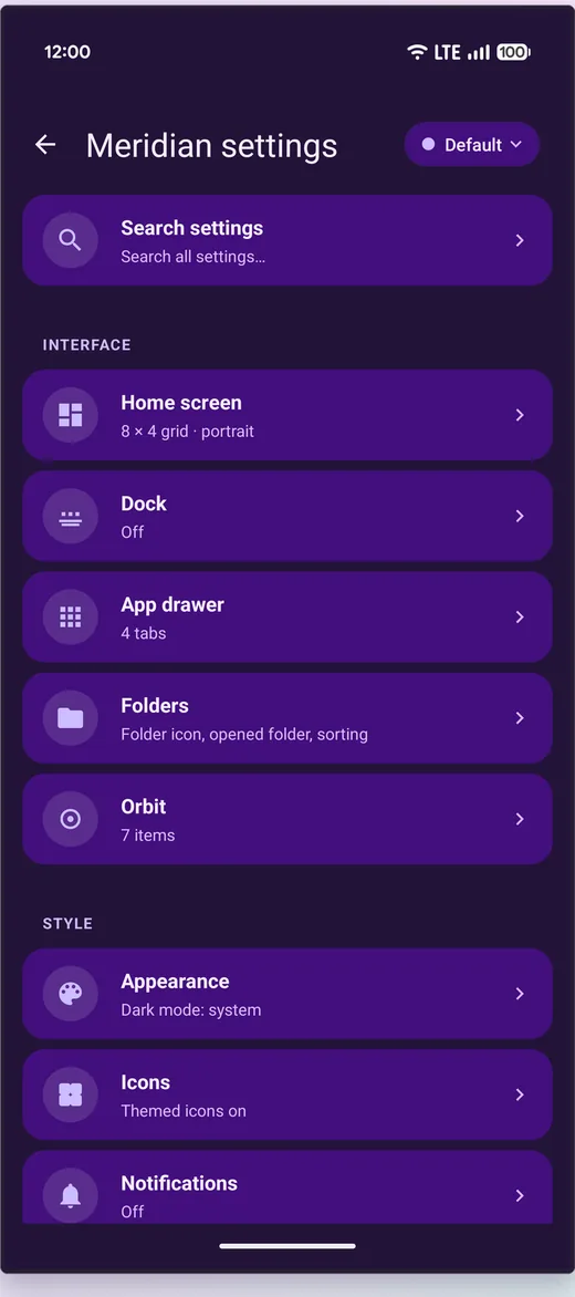Meridian's settings, listing Home screen with an 8 by 4 portrait grid, Dock, App drawer with 4 tabs, Folders, and Orbit with 7 items under Interface, then Appearance, Icons and Notifications under Style.