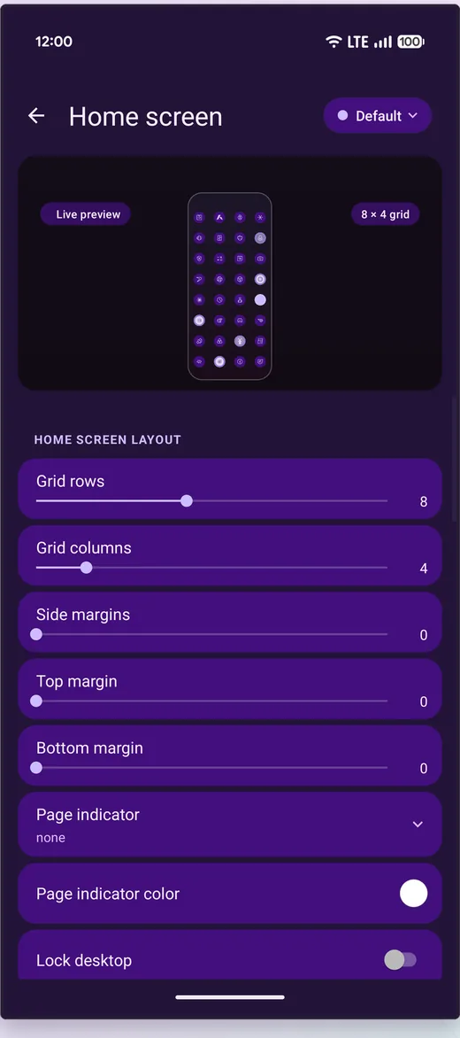 Meridian's Home screen settings, with a live miniature of the home screen at the top showing an 8 by 4 grid, sliders for grid rows, grid columns and margins below it, and a pill in the top right reading Default.